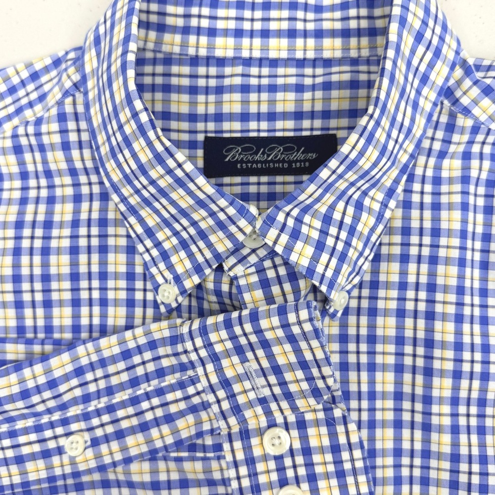Brooks Brothers Mens Large Non-Iron Plaid Button Down Shirt Blue Yellow‎ White